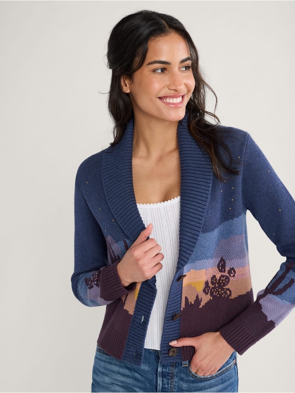 Pendleton Navy Multi Scenic Shawl Collar Cardigan